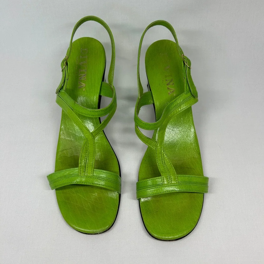 Vintage Divina Made in Italy Lime Green Sandals – Y2K Leather T-Strap Heels 9.5N